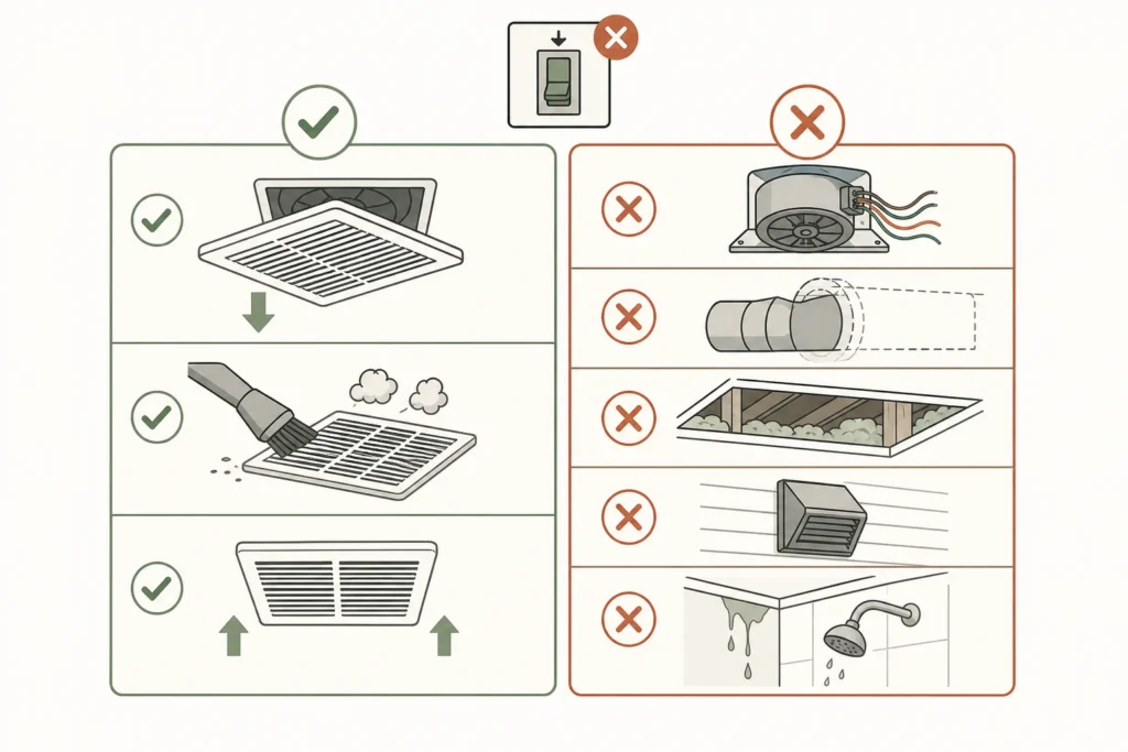 Checklist distinguishing accessible bathroom fan cleaning from parts that need maintenance or professional service.