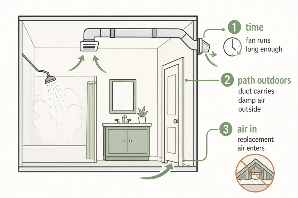 Diagram showing humid bathroom air leaving through an exhaust fan and outdoor duct while replacement air enters under the bathroom door.