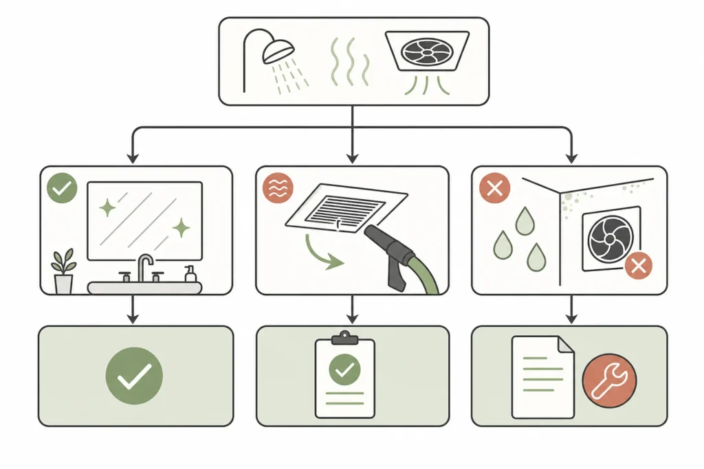 Decision flow showing when to maintain a bathroom fan routine and when persistent dampness should be reported or serviced.