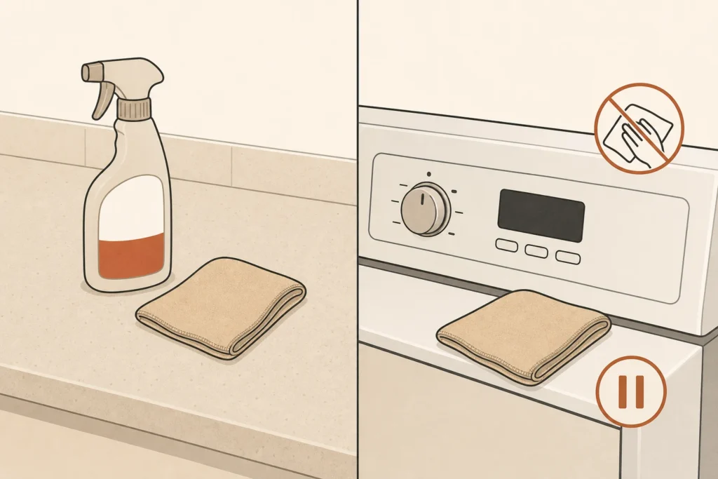 A standard hard counter compared with a finish-sensitive appliance panel that has additional care limits.