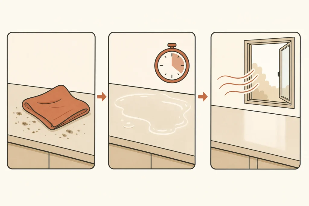 Three steps showing soil removal, a visibly wet disinfectant surface with a timer, and ventilation through an open window.