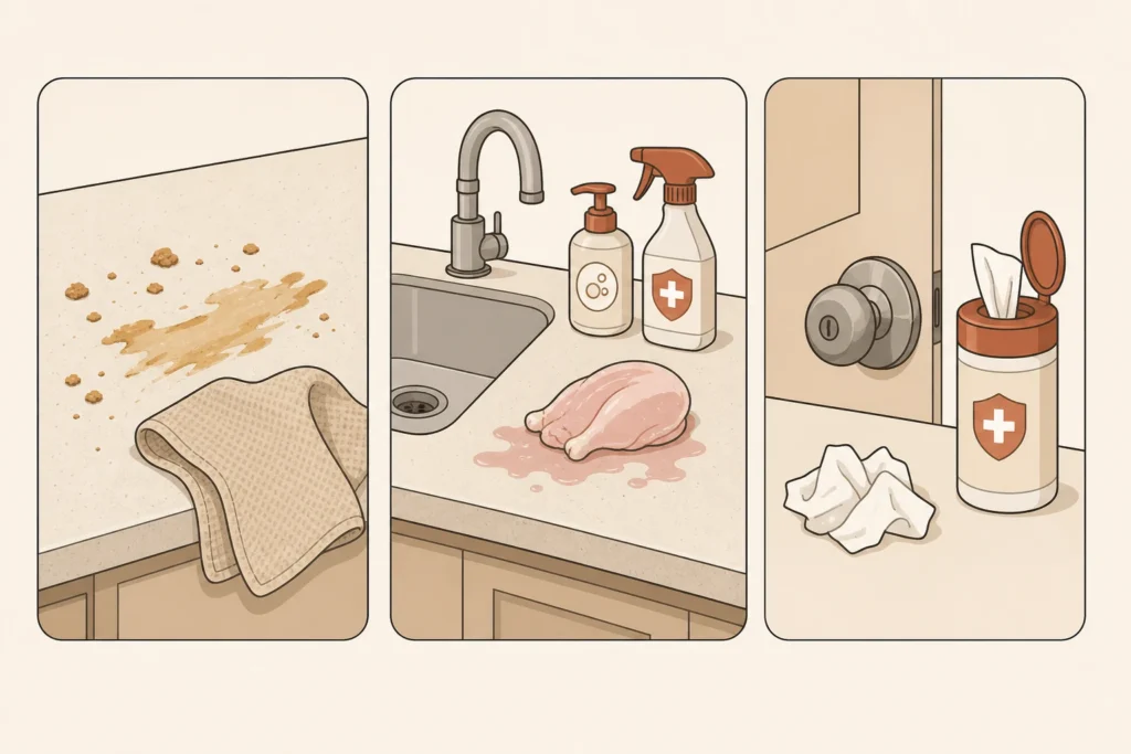 Three household situations showing ordinary cleaning, sanitizing after raw poultry contamination, and targeted disinfection during illness.