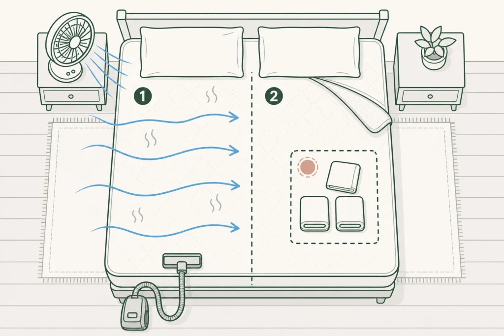 Top-down mattress map contrasting broad dry freshening with a small isolated spot-treatment zone and airflow across the bed.