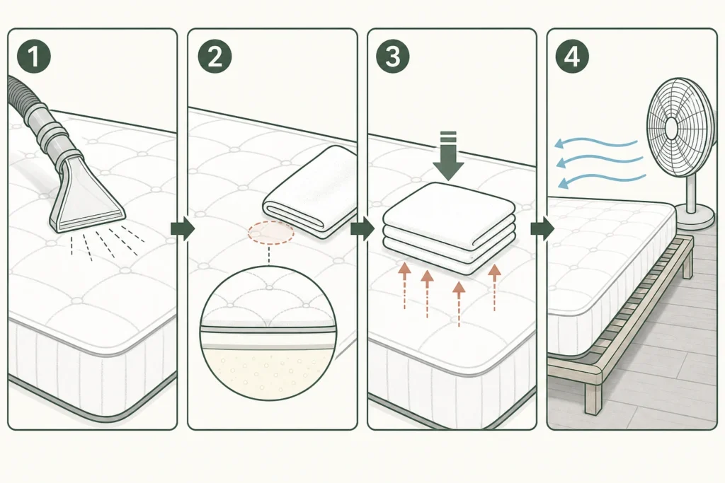 Four illustrated steps for low-moisture mattress cleaning: vacuum, dab one small area, blot with dry towels, and air-dry with a fan.