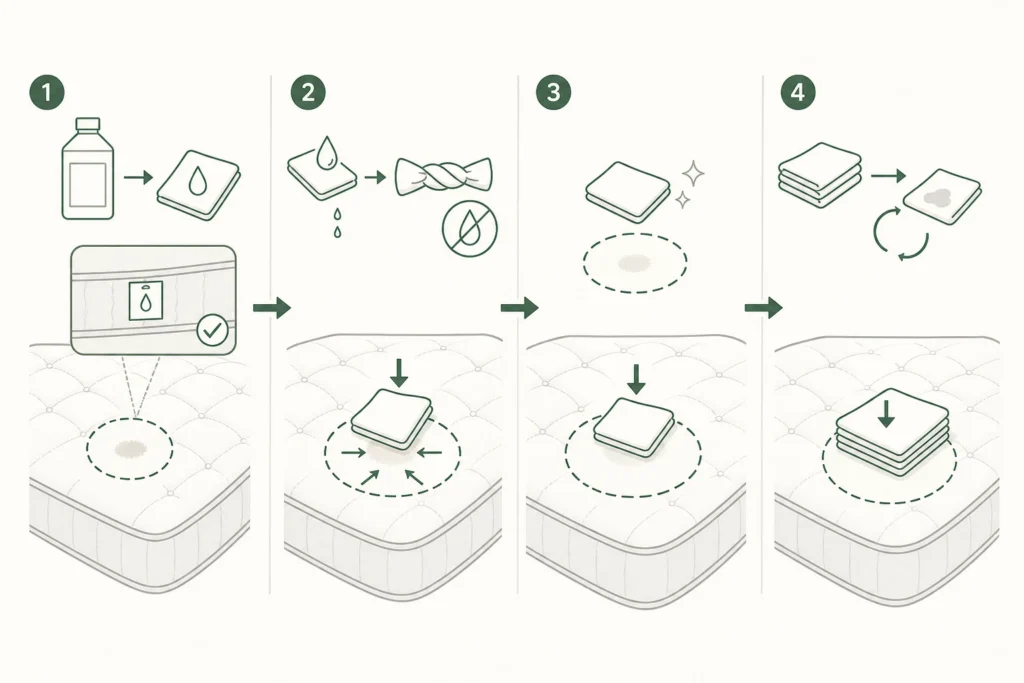 Simple diagram explaining Spot-clean one small mark with a two-cloth method.