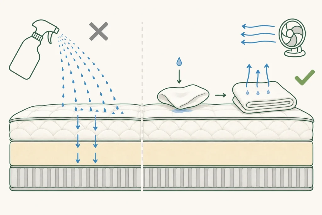 Mattress cutaway showing moisture from spraying entering foam while cloth-limited spot cleaning and blotting keep treatment near the surface.