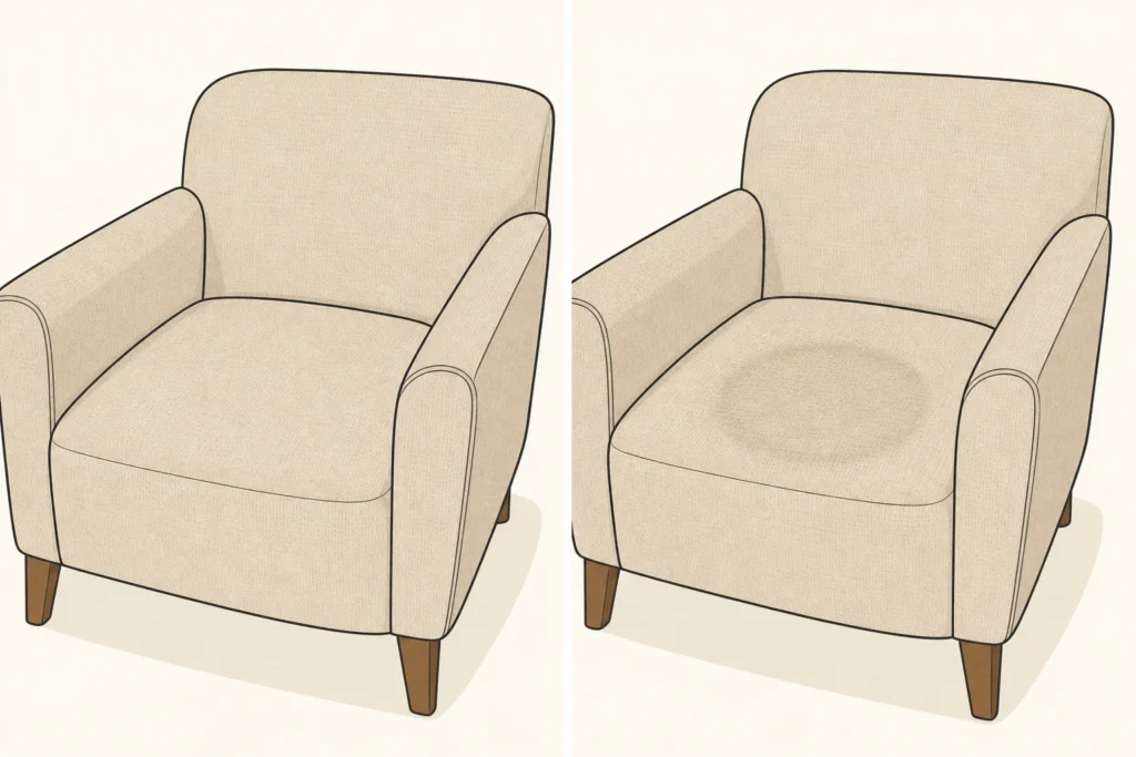 Comparison of upholstery that dried evenly and upholstery that dried with a faint ring and changed texture.