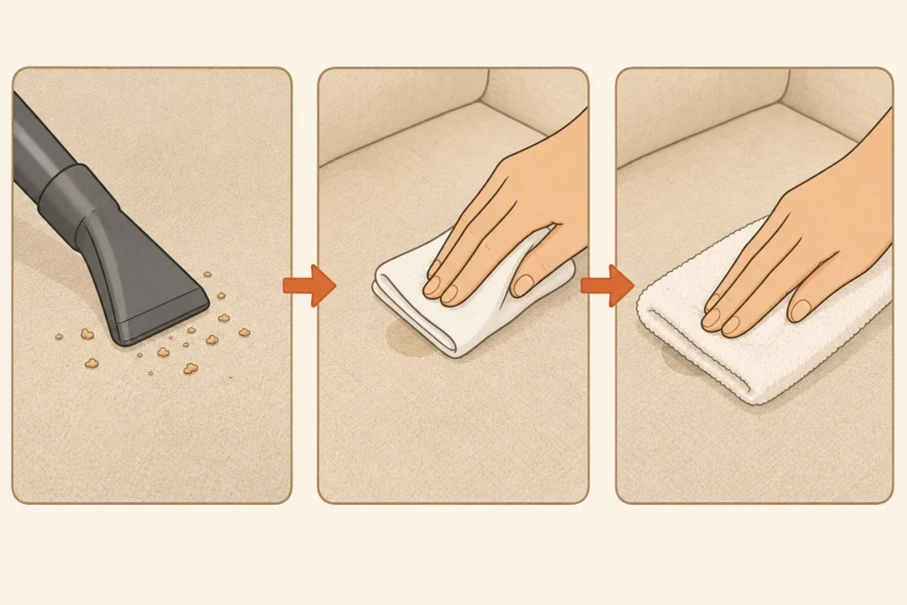 Three stages of controlled cleaning: dry removal, a lightly damp cloth, and blotting before drying.