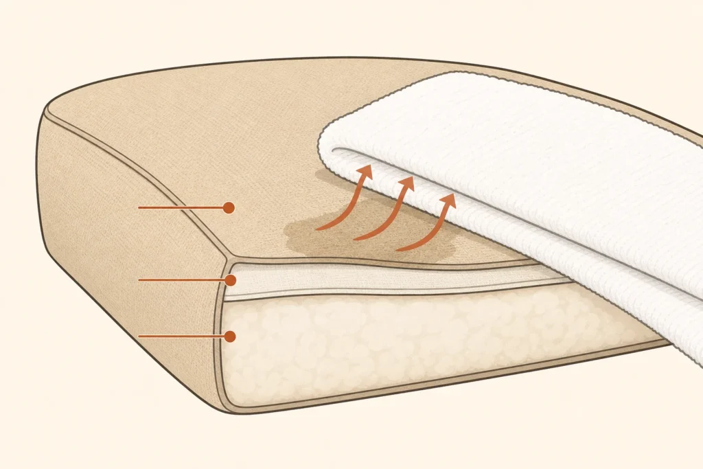 Cutaway of a sofa cushion showing surface moisture being blotted before it reaches the backing and cushion fill.