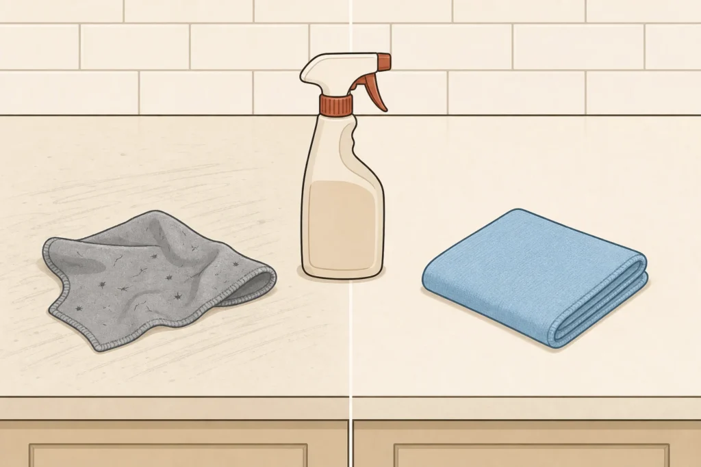 Side-by-side counter test comparing a lint-loaded cloth that leaves streaks with a fresh cloth that leaves a clear surface.