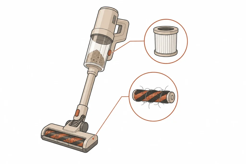 Diagram identifying a vacuum bin, brush roll, and filter as separate maintenance points.