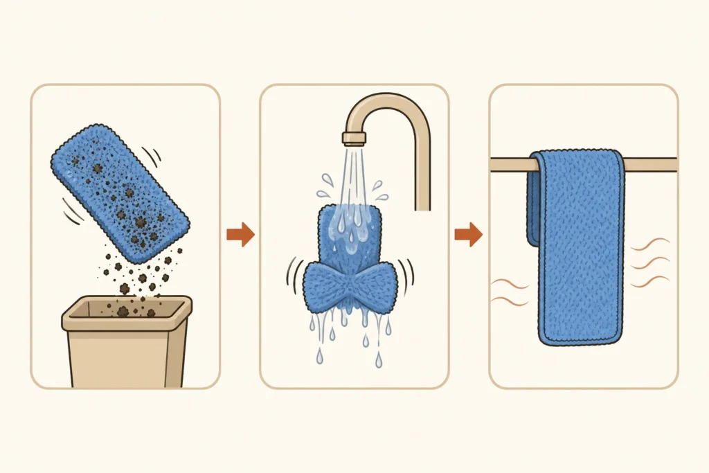Three-panel illustration showing a microfiber mop pad being cleared of debris, rinsed and wrung, then hung to dry.