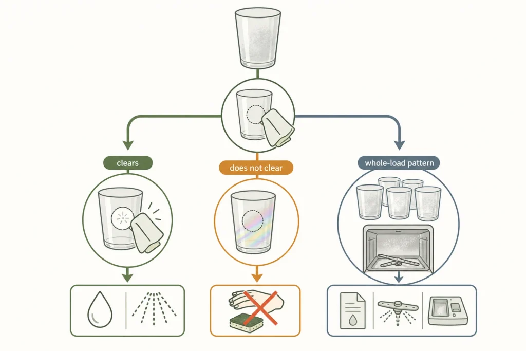 Decision tree for diagnosing cloudy dishwasher glasses based on whether a vinegar spot test clears the haze and whether the issue appears across the load.