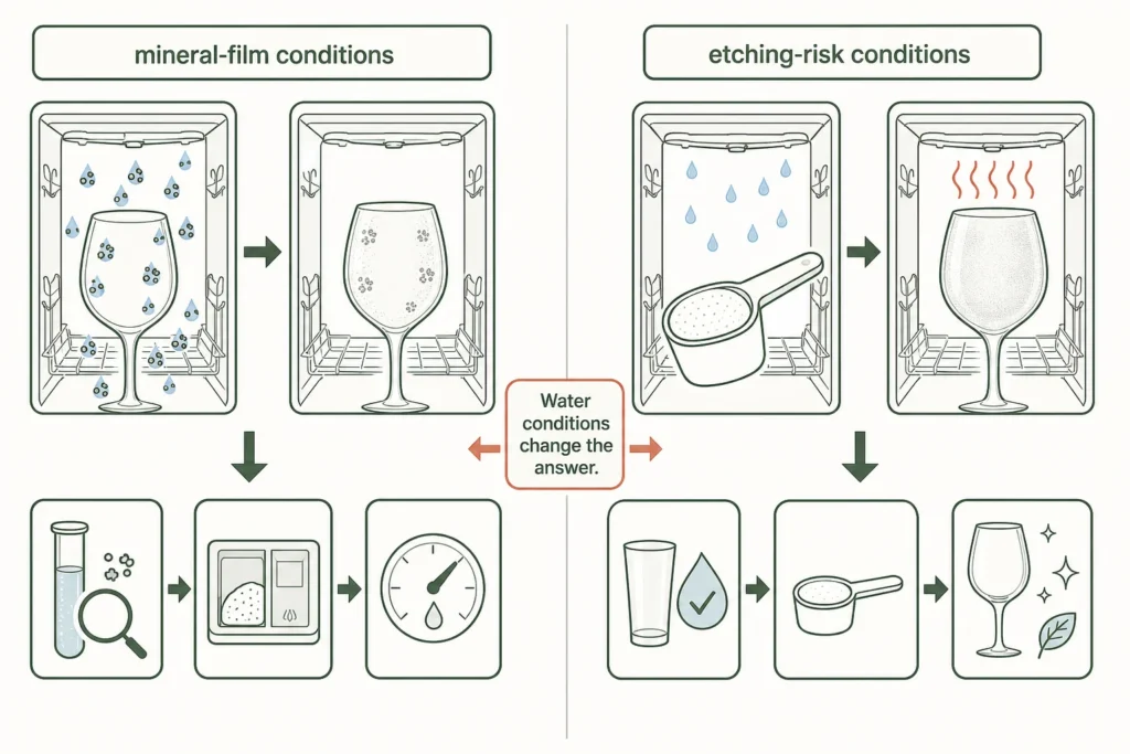 Diagram showing hard-water mineral film conditions on one side and soft-water overdetergent etching risk on the other.