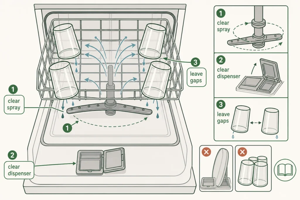 Illustrated dishwasher loading layout showing space around glasses, clear spray-arm movement, and an unobstructed detergent dispenser.