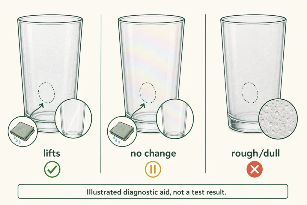 Illustrated comparison of removable film, non-clearing rainbow haze, and permanently etched dishwasher glassware.