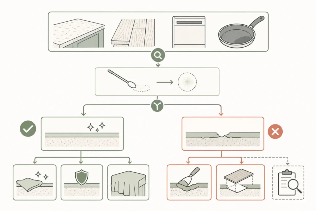Decision flow showing how to choose cleaning or another next step after identifying a household surface and testing a small approved area.