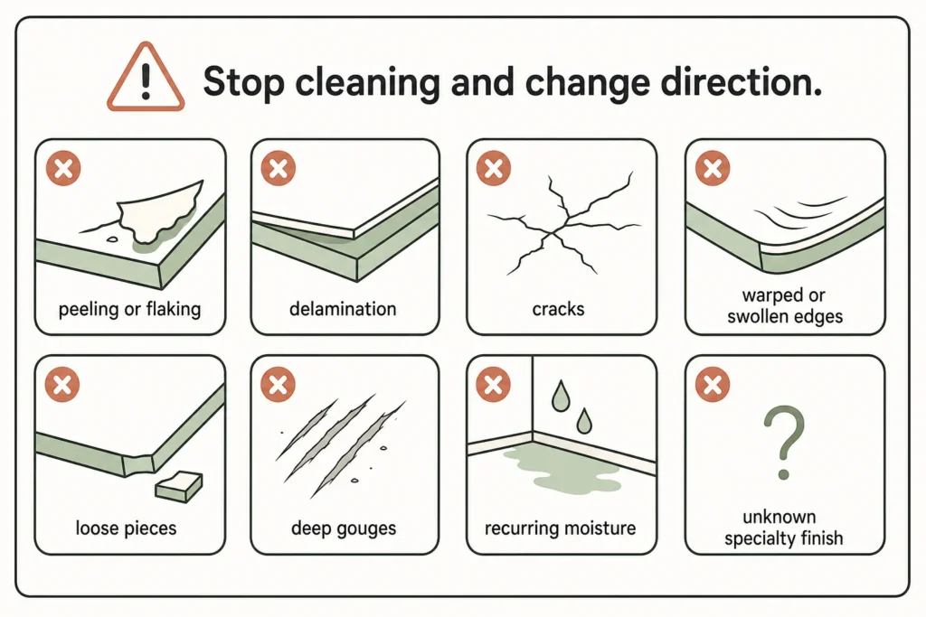 Checklist of surface conditions that call for repair, protection, replacement, or professional assessment instead of stronger cleaning.