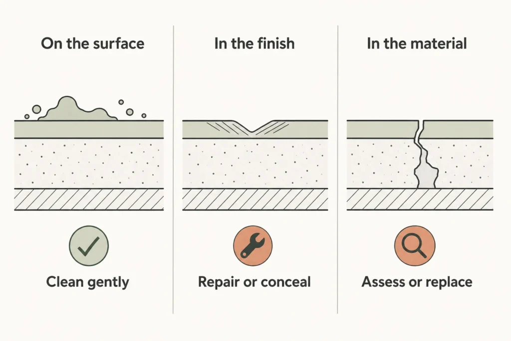 Comparison diagram showing residue on a surface, damage in a finish, and damage in the material beneath it.