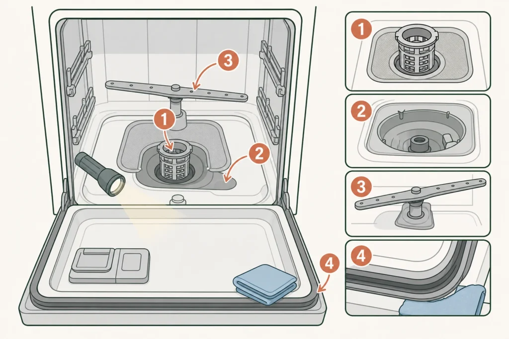 Diagram of an open dishwasher showing the filter, visible sump, lower spray-arm zone, and door gasket in inspection order.