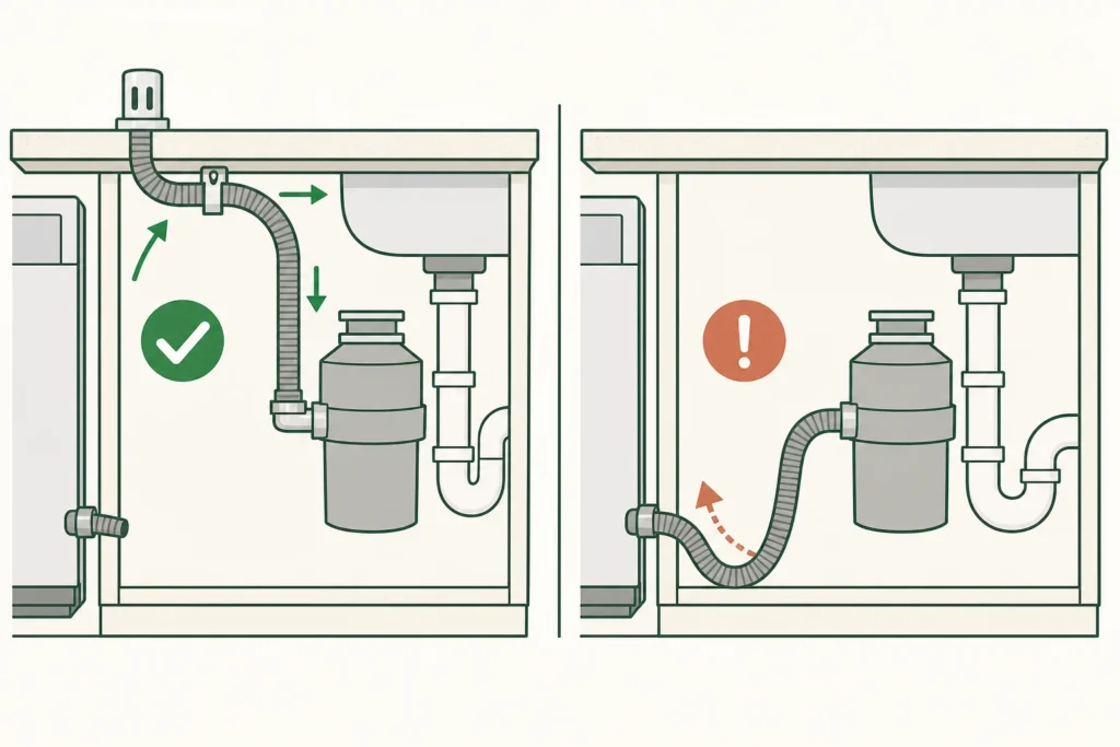 Diagram comparing a dishwasher drain hose with a high loop to a low sagging hose that may allow backflow.
