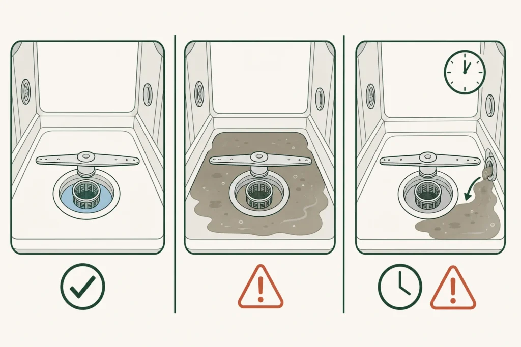 Comparison of clean water confined to a dishwasher filter well, dirty water left after a cycle, and water returning later.
