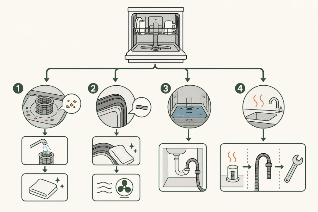 Decision diagram linking dishwasher odor and water patterns to lower-tub cleaning, gasket wiping, or drain checks.