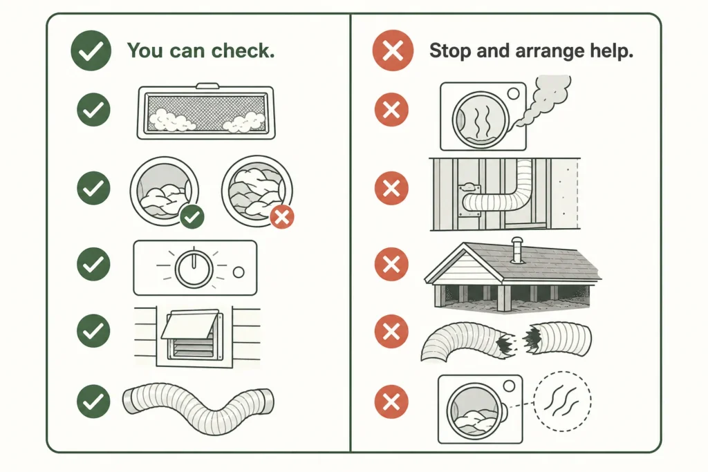Checklist separating basic dryer checks from symptoms and vent conditions that need professional help.