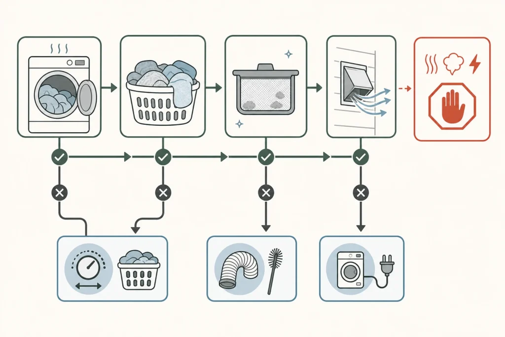 Decision flow for a dryer that leaves clothes warm but damp, directing the reader through a comparable load, lint-screen, outdoor-airflow, and safety checks.