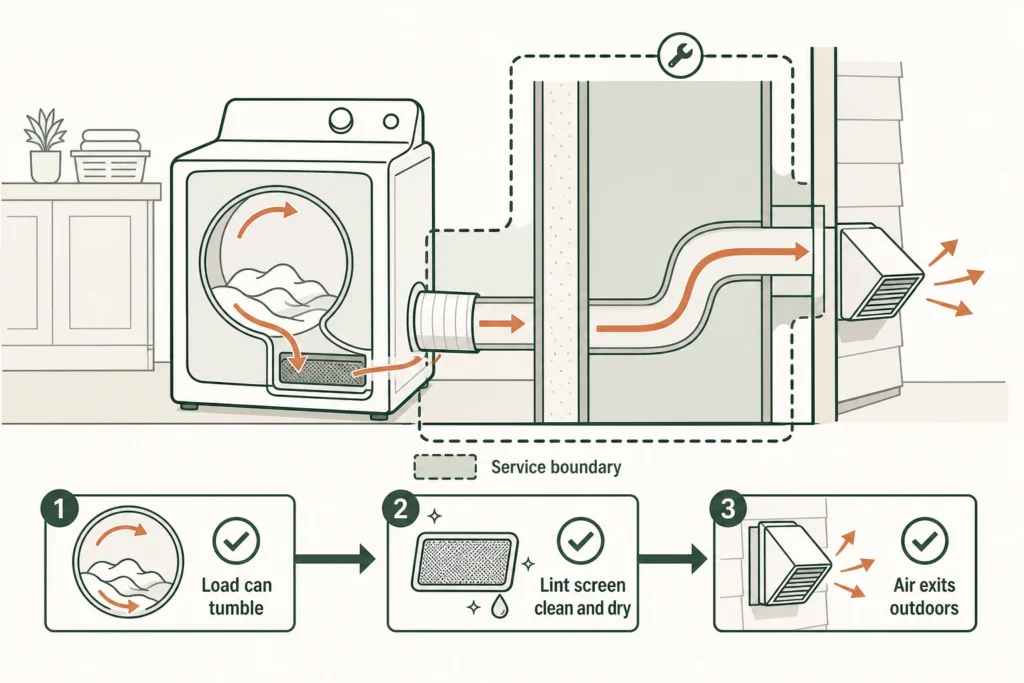 Diagram showing air and moisture moving from a dryer drum through the lint screen and exhaust duct to an outdoor vent hood, with a service boundary over hidden ductwork and the dry