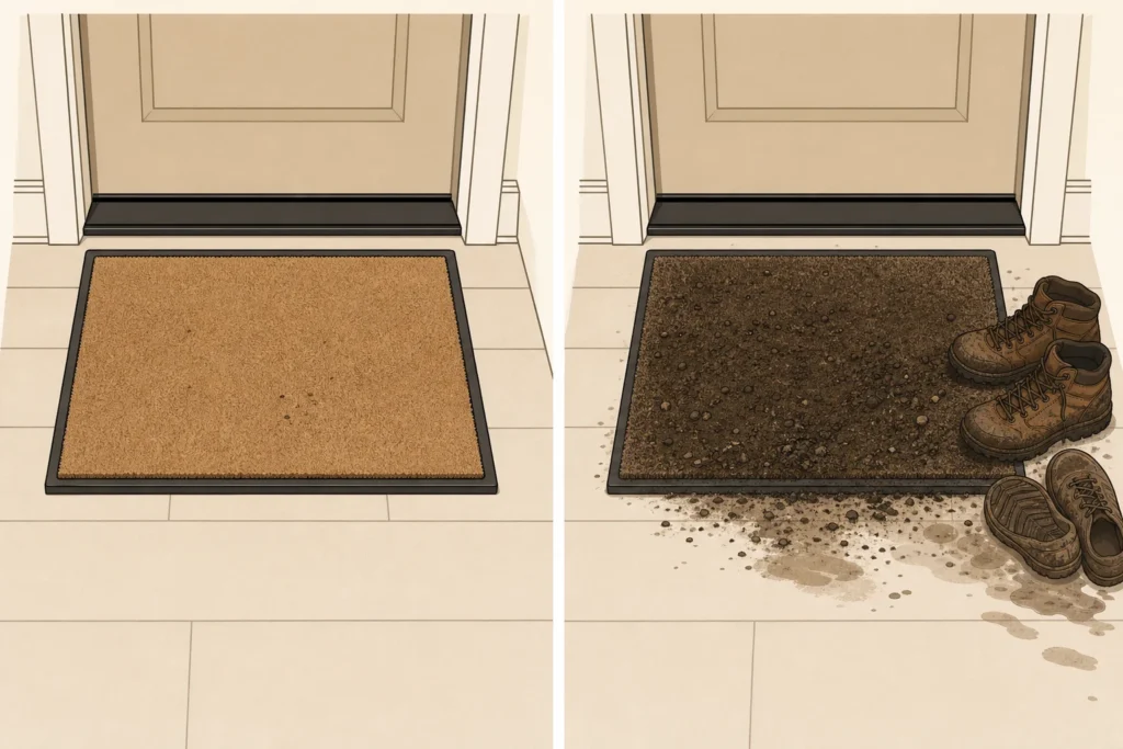 Comparison of a clean dry entry mat and an overloaded damp mat with dirt spreading around it.