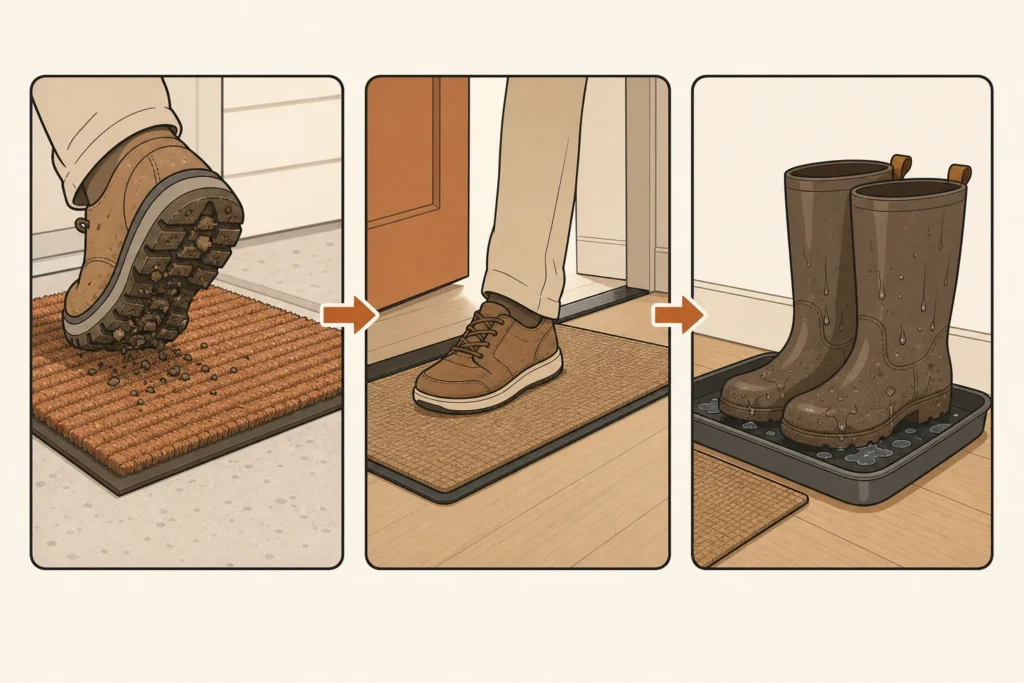 Three-step entryway setup showing debris interception, an indoor landing mat, and a contained place for wet shoes.
