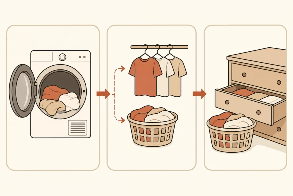 Three-panel diagram showing clean laundry split between prompt hanging and one basket moving toward a bedroom drawer.
