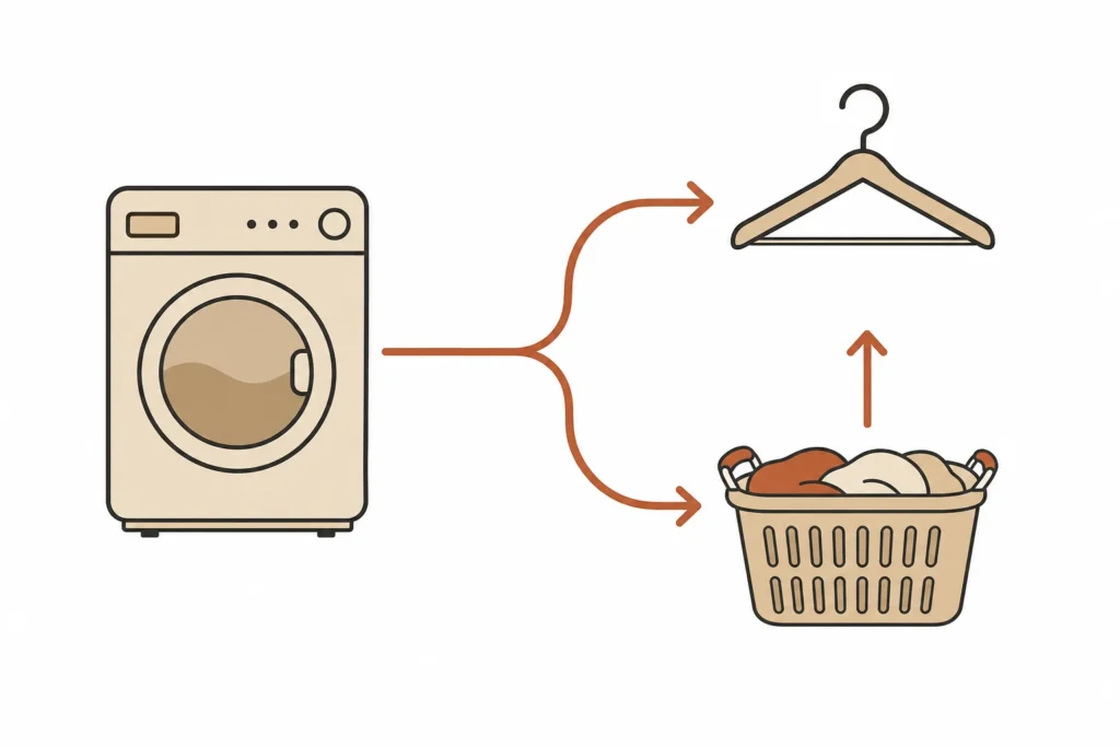 Simple flow showing a dryer load split between prompt hanging and a bounded basket for the next trip to storage.