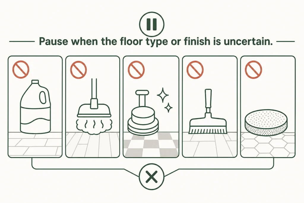 Checklist of cleaning methods to avoid when a sticky floor may have an unknown or changed finish.