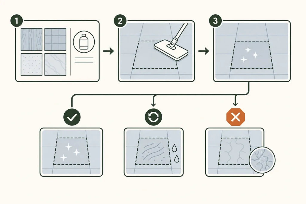 Decision flow for diagnosing a sticky floor after mopping using a small approved reset patch.