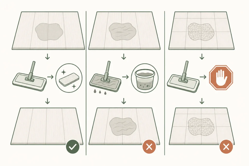 Comparison of three sticky-floor test outcomes and the next action for each.