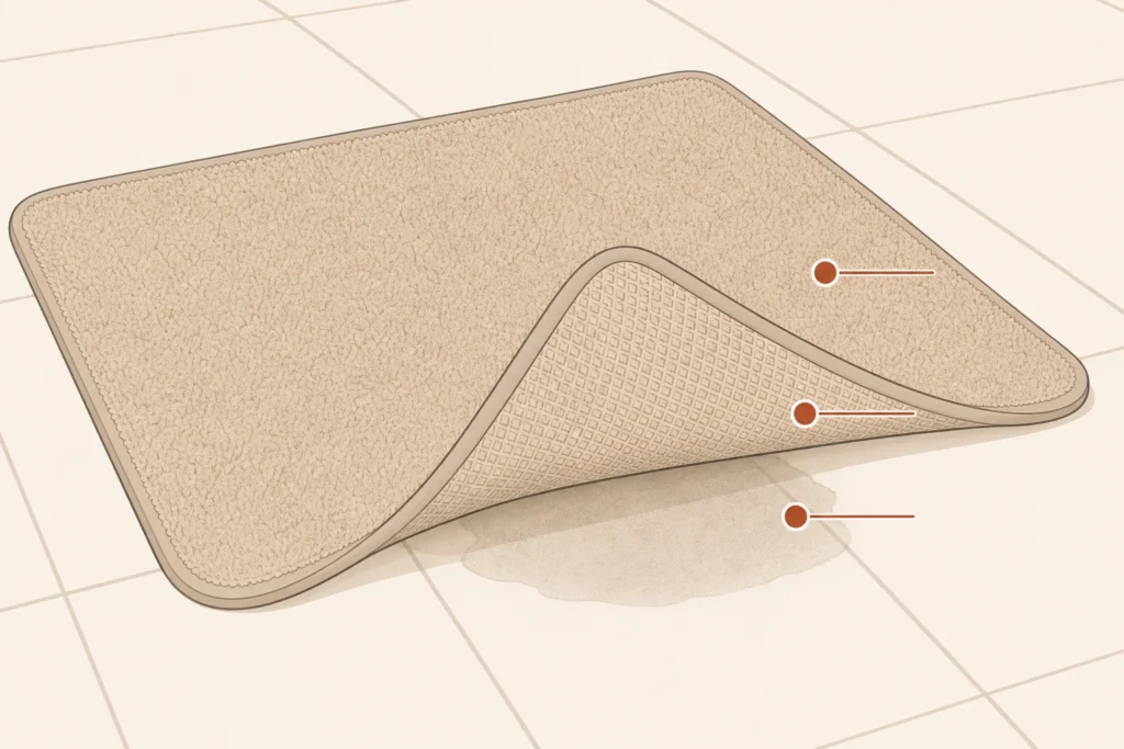 A bath mat lifted at one corner to show the damp underside and floor beneath.