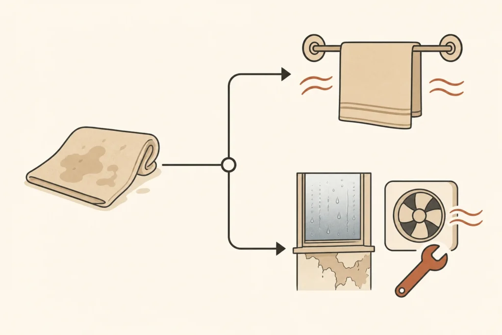 A diagram separating a wet-item drying fix from signs that require ventilation or moisture investigation.