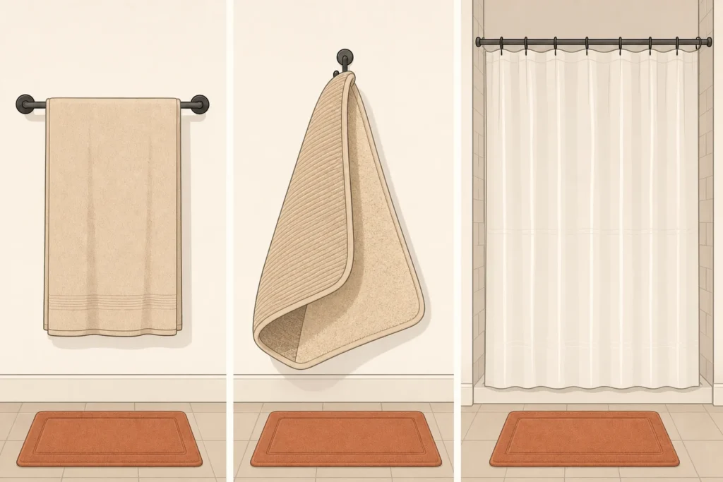 Three bathroom items positioned to dry: a spread towel, lifted bath mat, and fully extended shower liner.