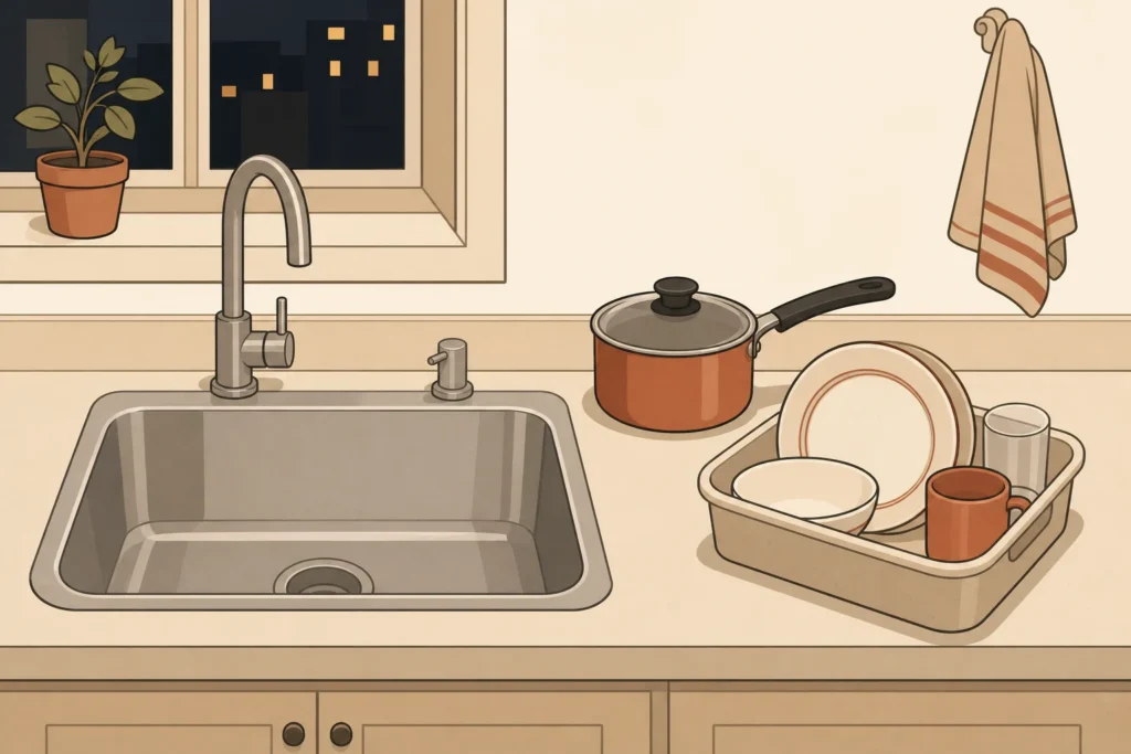 A usable kitchen sink with one clear basin and unfinished dishes contained beside it.