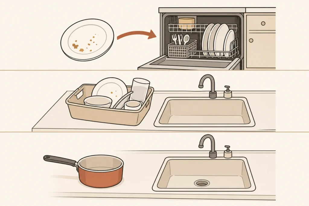 Three routes for unfinished dishes: load them, contain them, or keep the active sink bowl clear.
