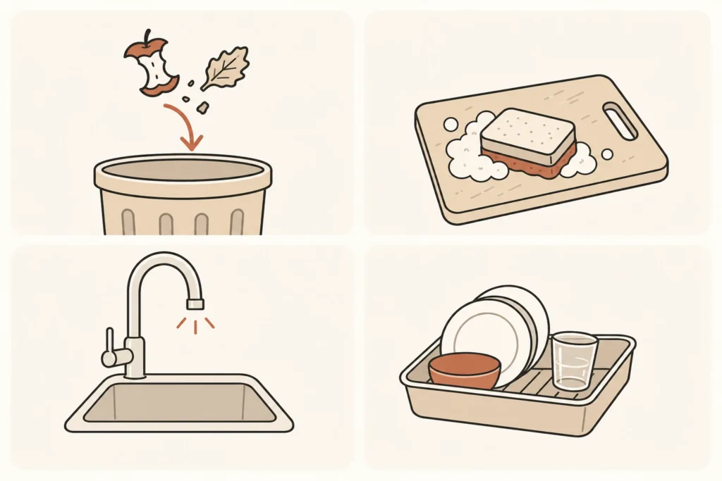 Four markers of a minimum kitchen reset: scraps managed, food-contact cleanup done, water accessible, and dishes contained.