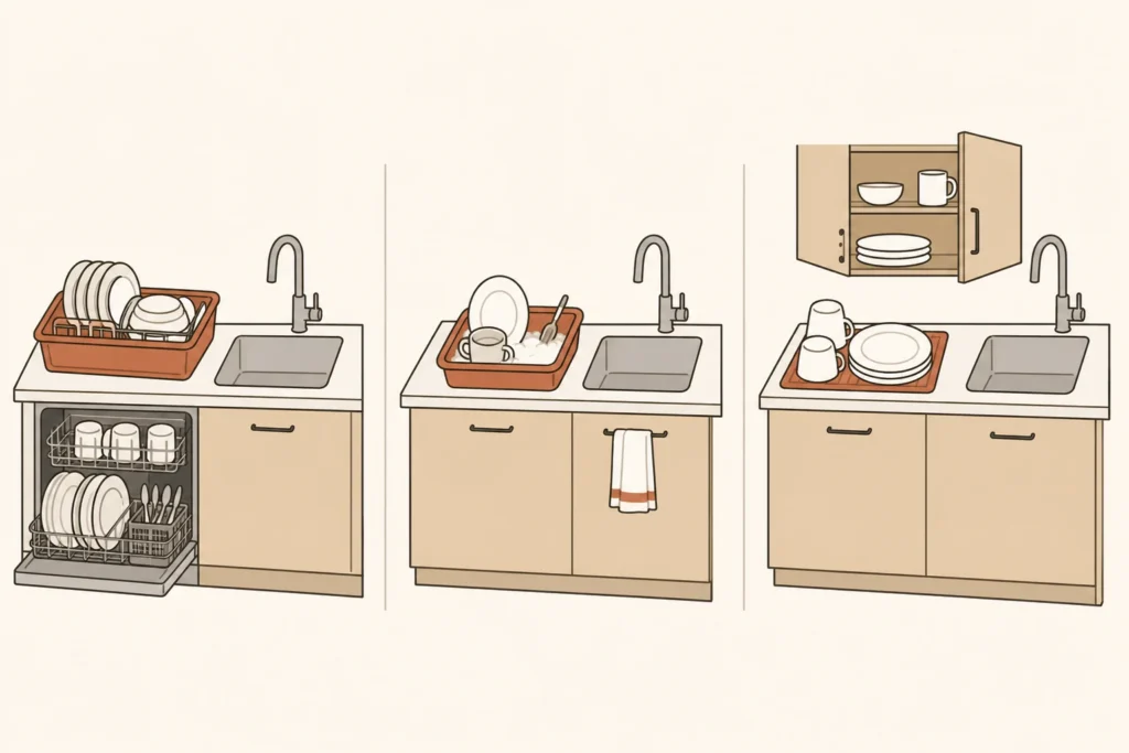 Three kitchen setups that preserve one usable sink bowl and one small adjacent work area.