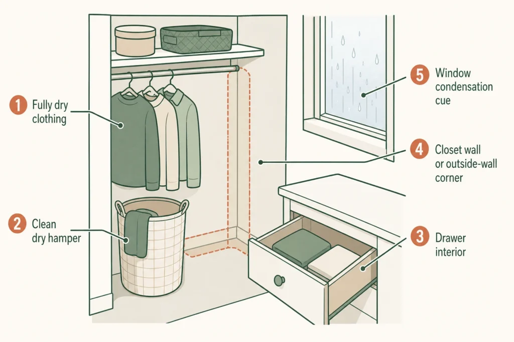 Diagram of a closet and drawer showing places to inspect when stored laundry smells musty.