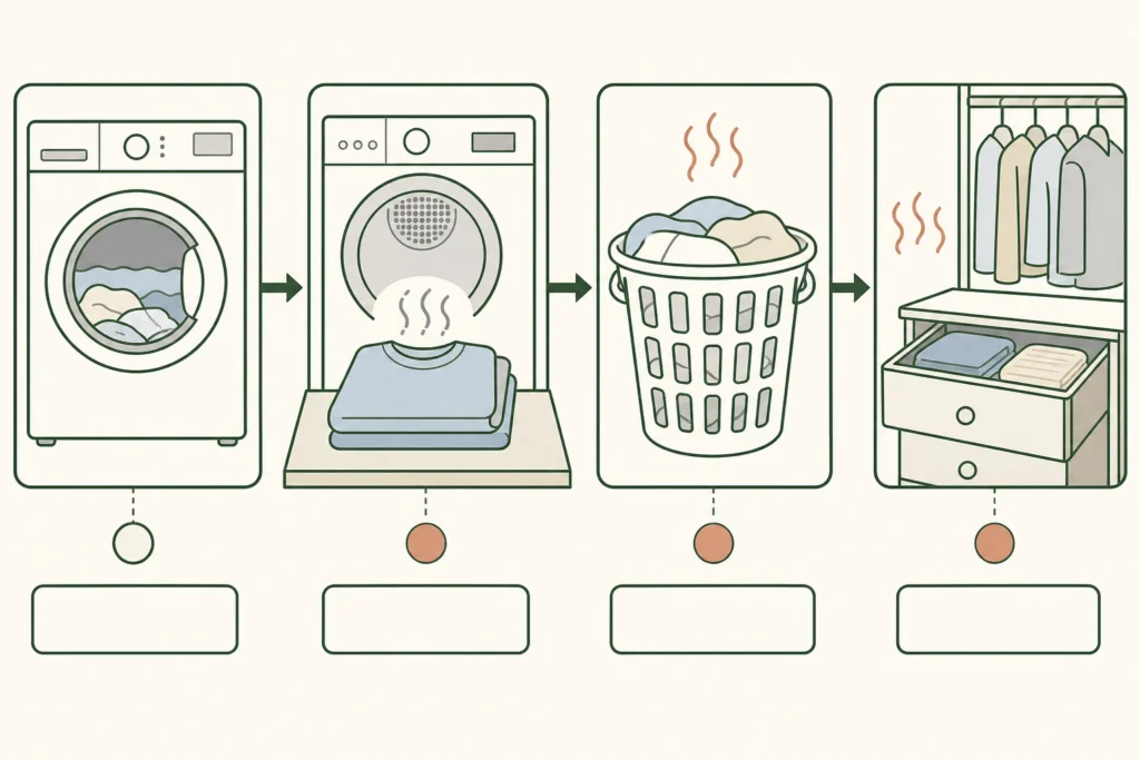 Four-stage flowchart showing when laundry odor begins: washer, dryer and cooling, hamper, or drawer and closet.