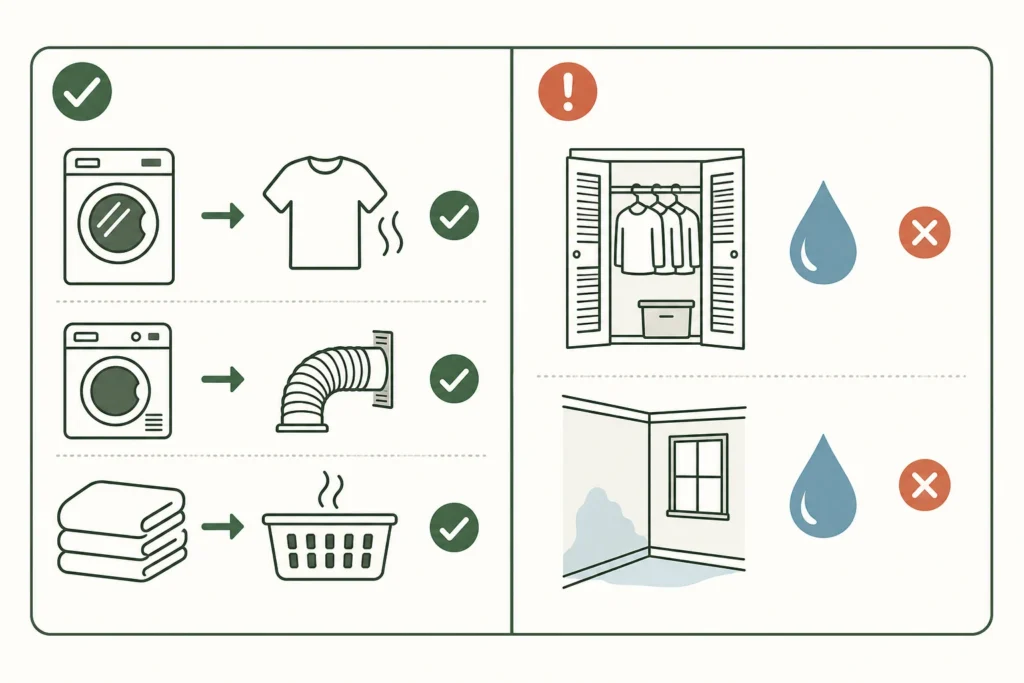 Checklist distinguishing a routine laundry reset from signs of a home moisture problem.