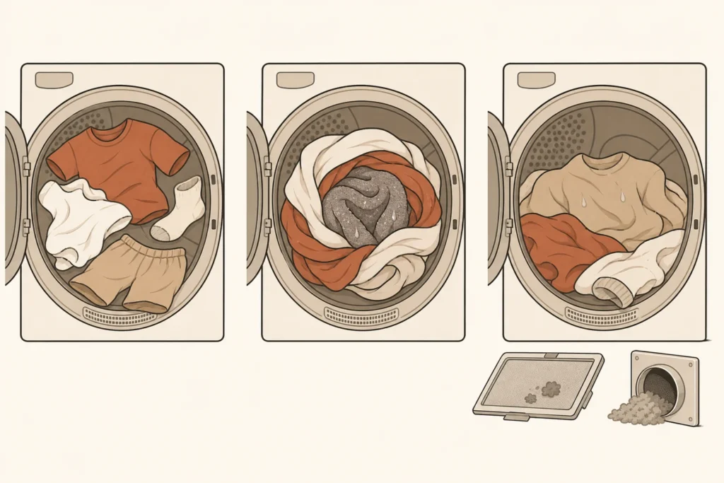 Three drying outcomes: evenly dry loose laundry, a tangled load with a damp center, and a reasonable load that remains damp.