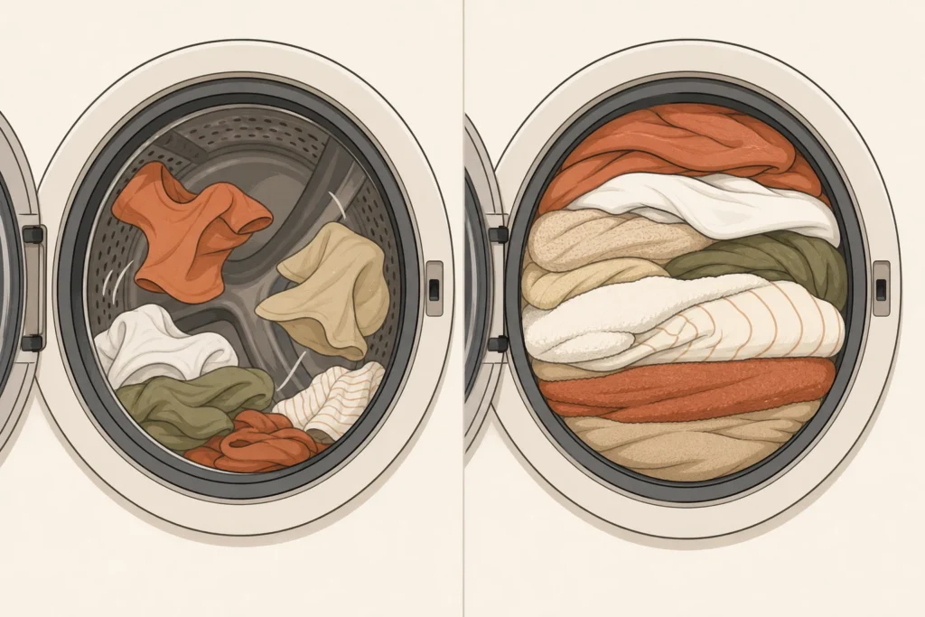 A loosely loaded washer drum with room for movement beside an overpacked drum with compressed laundry.