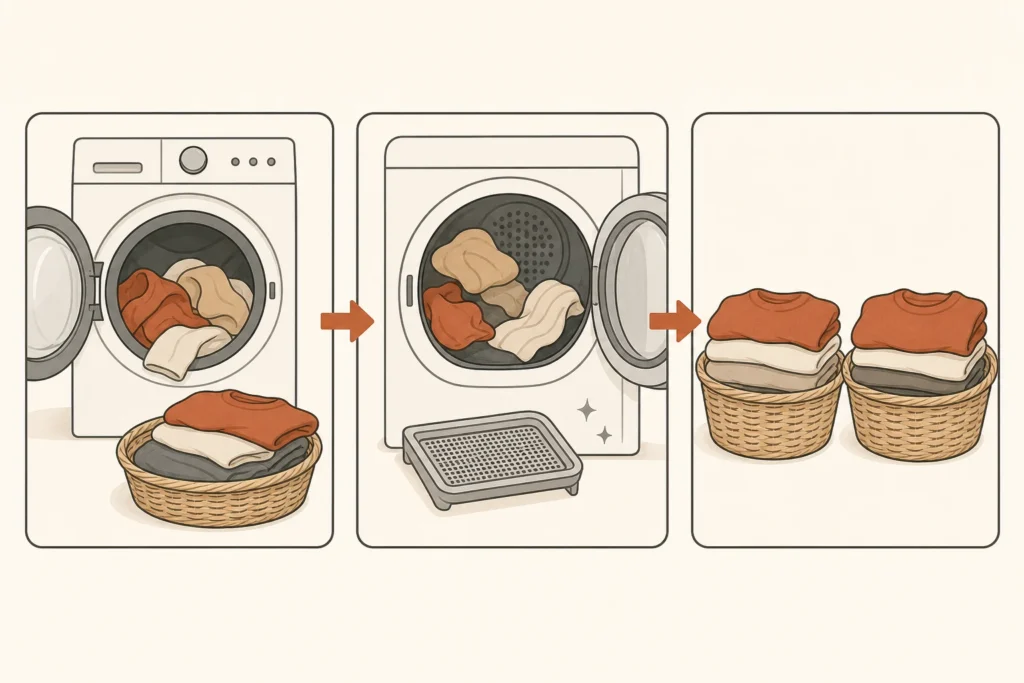A reduced laundry load, a loose dryer load with a clean lint screen, and repeated comparable results.